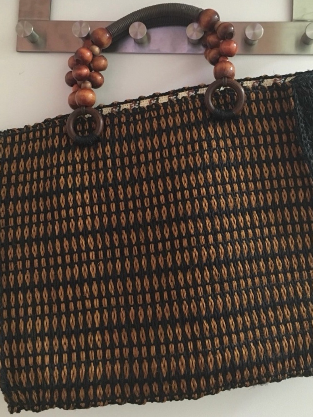 Anthropologie Black & Brown Handwoven Tote with Wooden Bead Handles